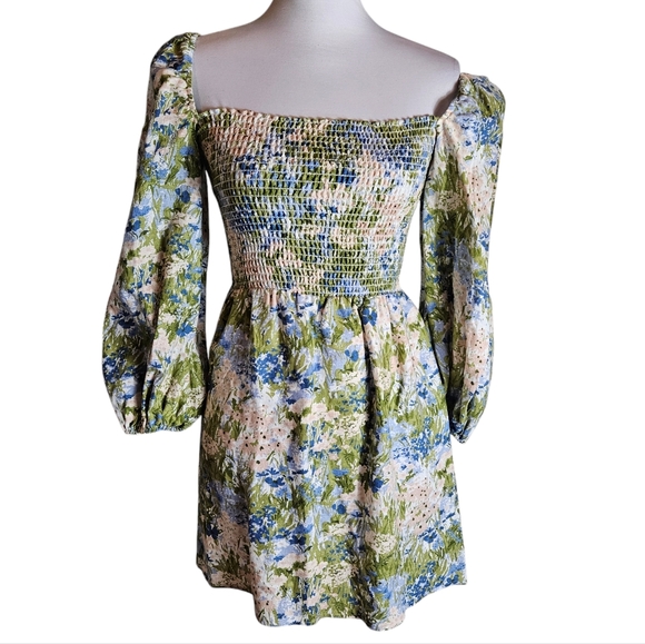Reformation Greyson Hillside Floral Linen Mini Dress Sz S Smocked Puff Sleeves - Picture 3 of 16